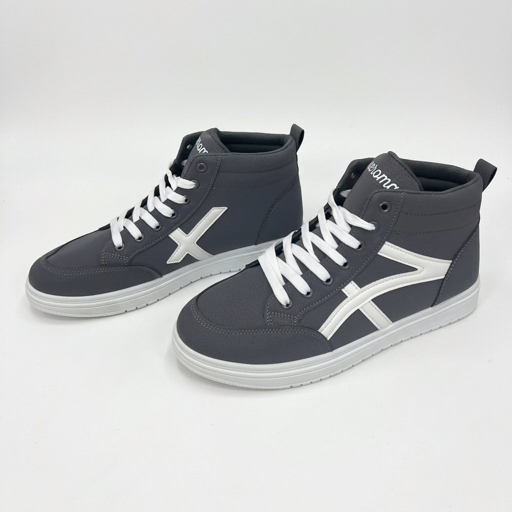 Men's gray high-top casual sneakers featuring white geometric stripes and lace-up closure