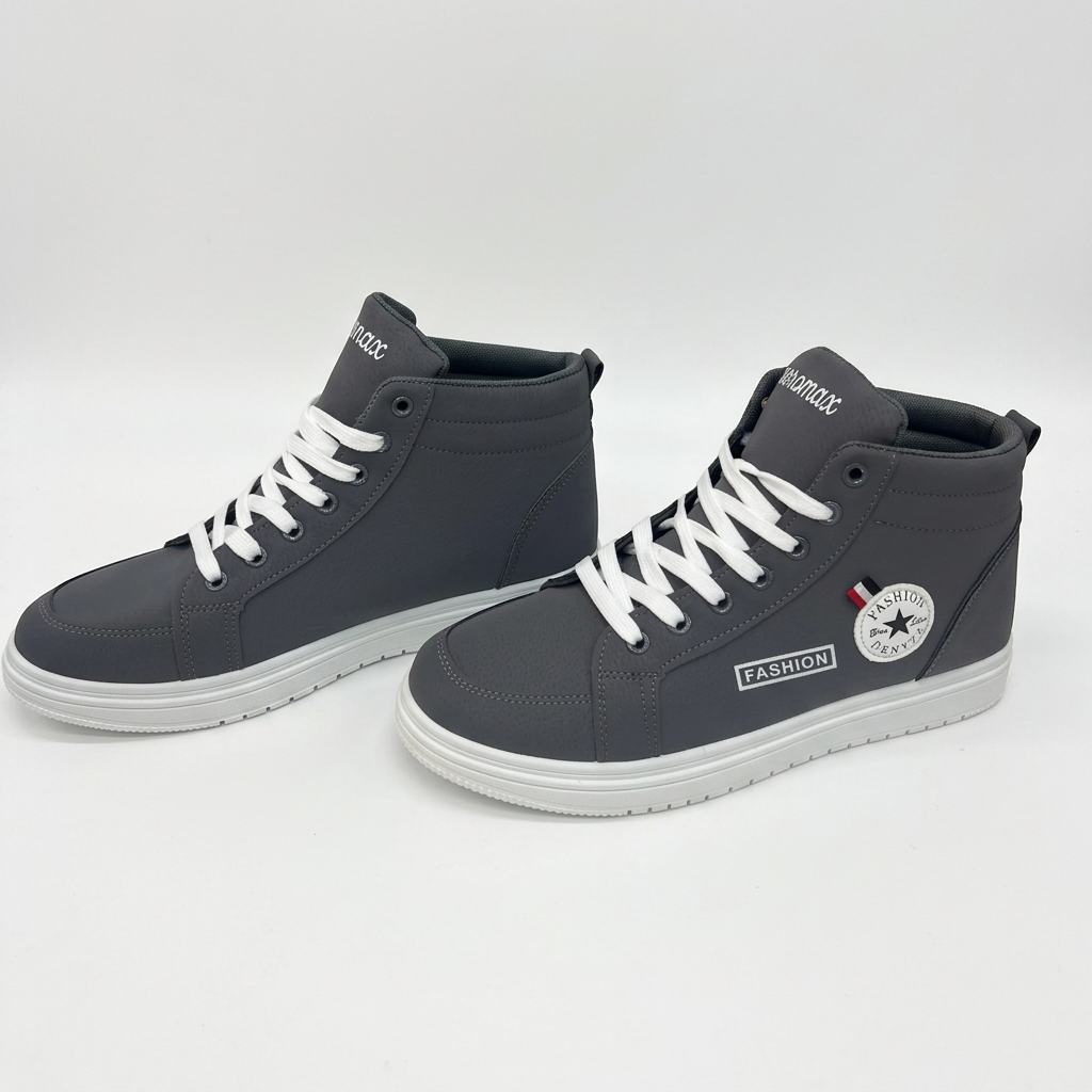 Men's gray high-top sneakers with circular star badge, white laces and contrasting white sole