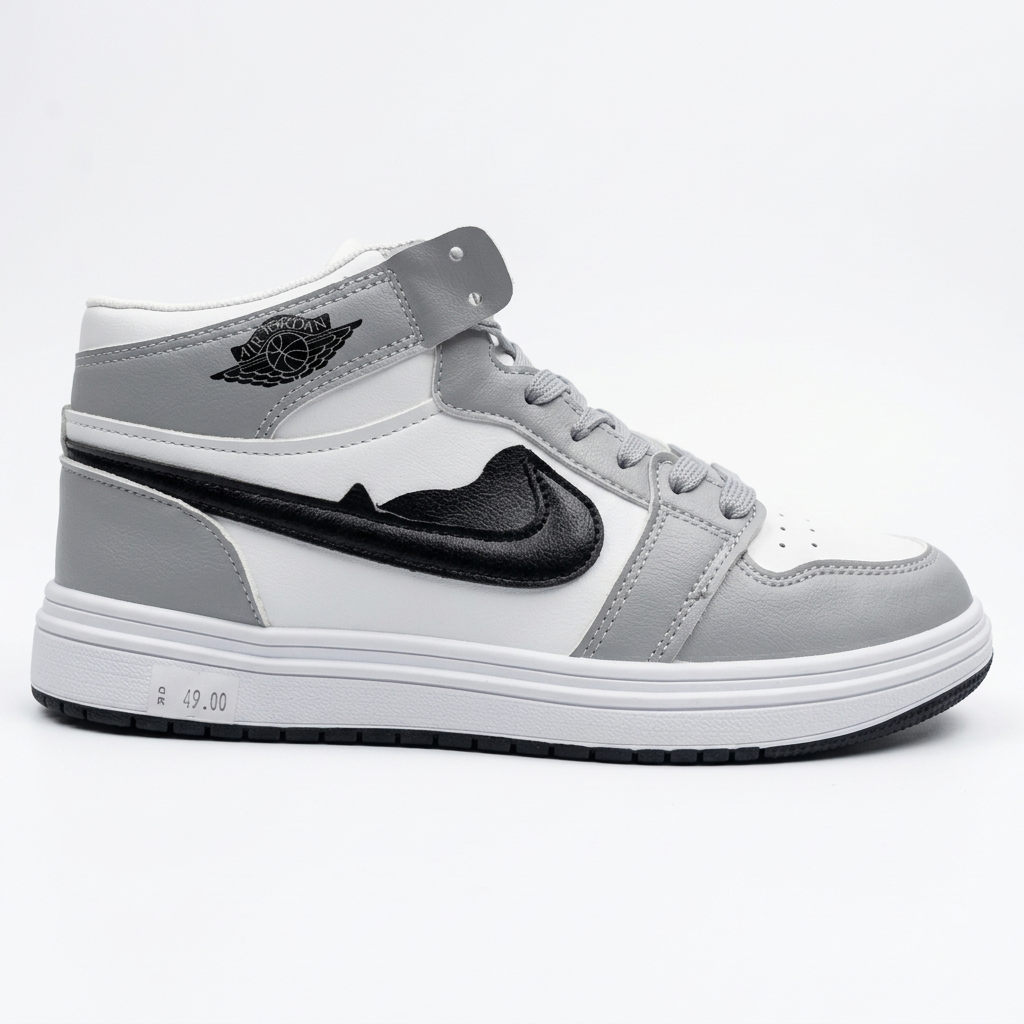 Men's grey two-tone high-top casual sneakers with lace-up closure and basketball-inspired design
