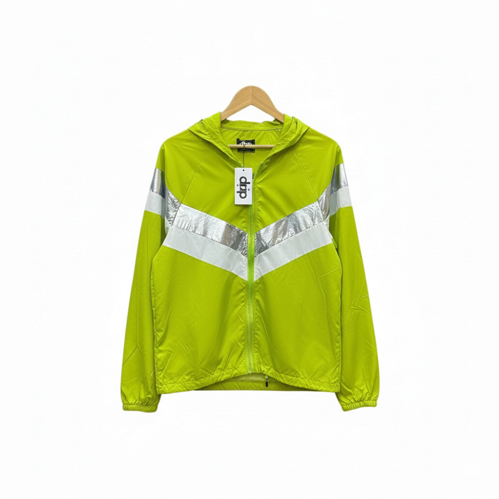 Fluorescent green jacket with reflective stripes on a white background