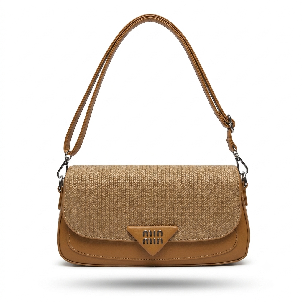 A structured shoulder bag with a textured woven flap in beige and smooth tan leather trim, featuring a triangular metal logo plaque on the front and a matching adjustable shoulder strap.