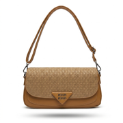 A structured shoulder bag with a textured woven flap in beige and smooth tan leather trim, featuring a triangular metal logo plaque on the front and a matching adjustable shoulder strap.