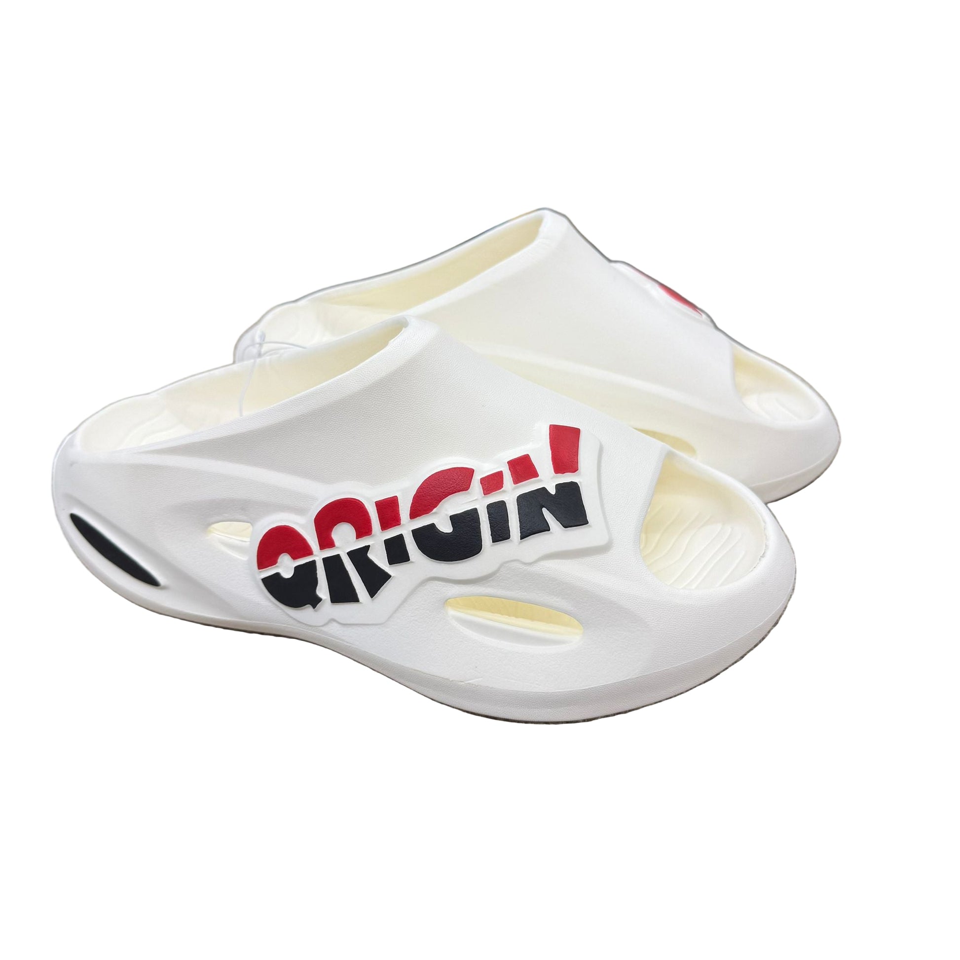 White slides with a colorful logo on a white background