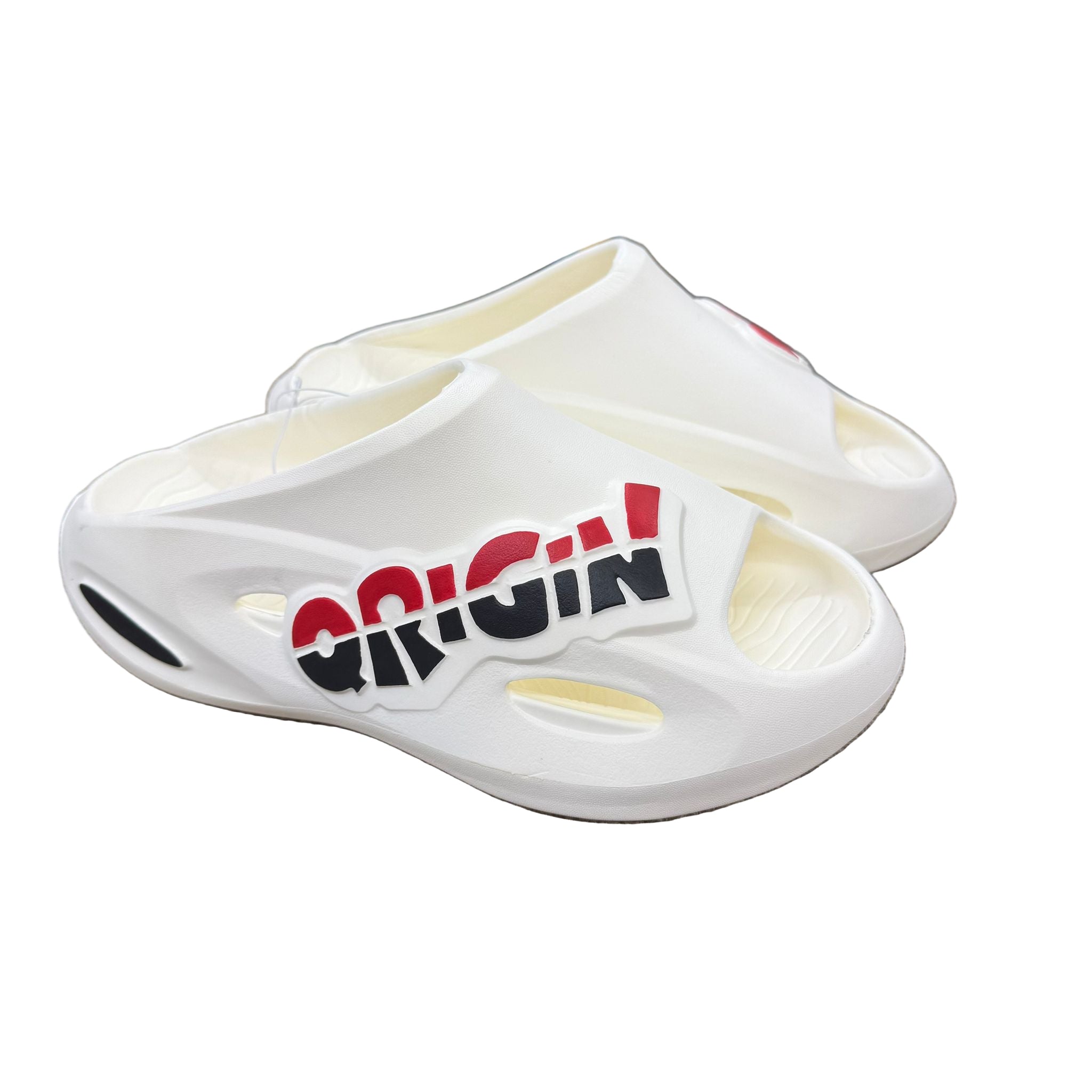 White slides with a colorful logo on a white background