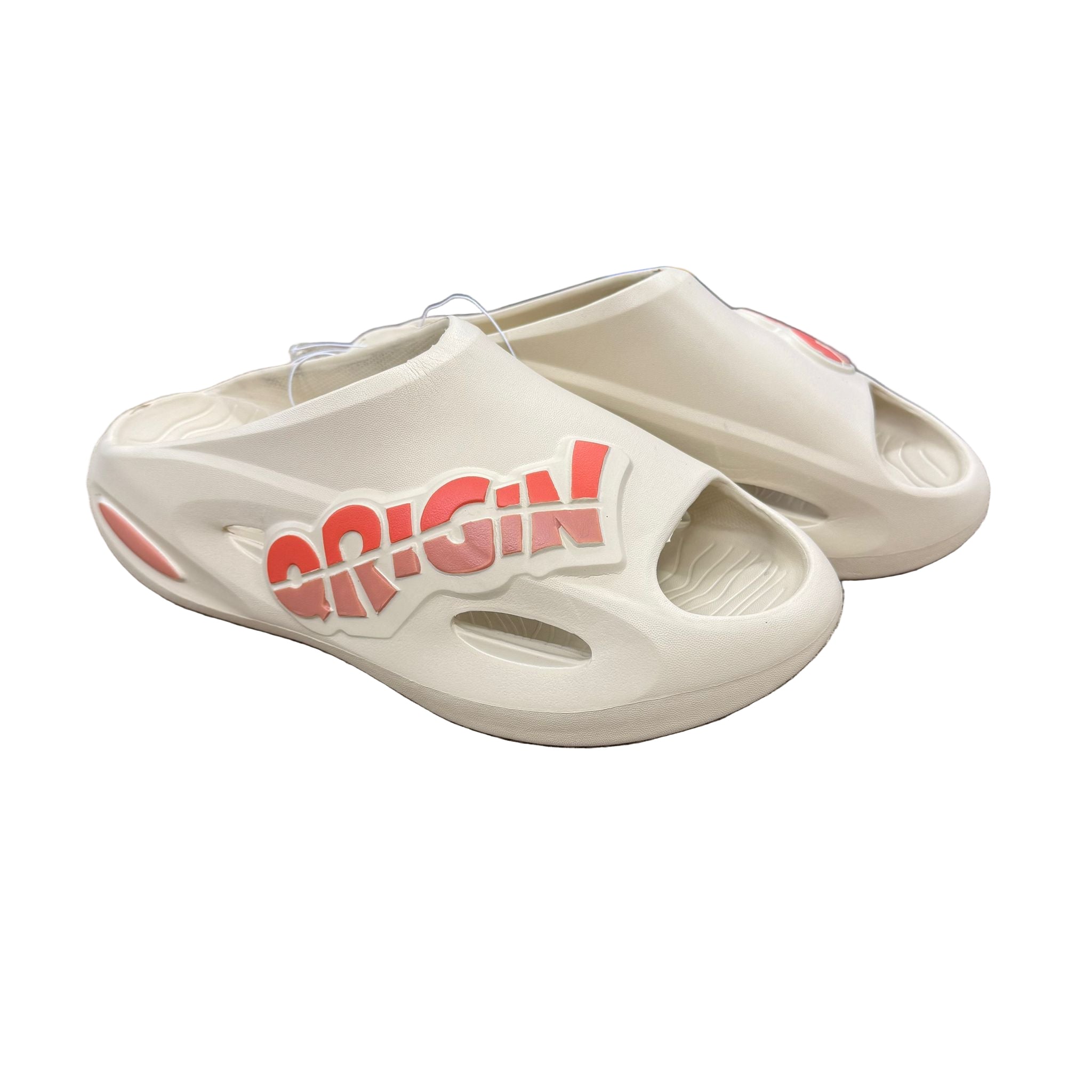 Beige sandals with red 'Origin' logo on a white background