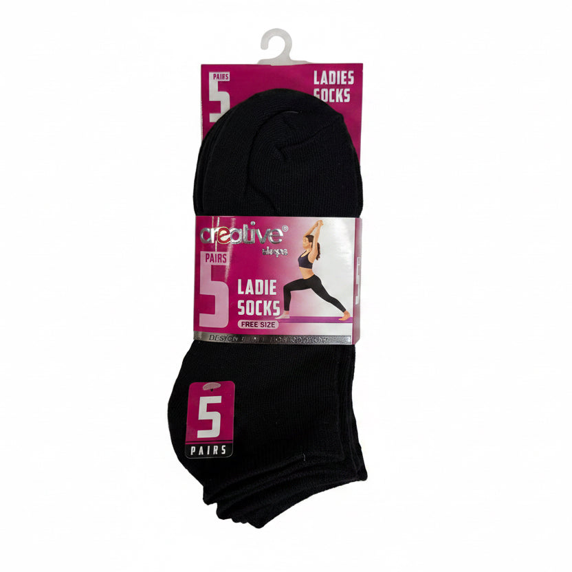 Pack of black socks with a pink and white packaging label on a white background