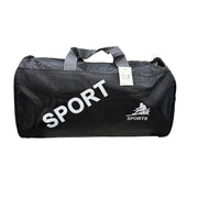 Black sports bag with 'SPORT' text on a white stool