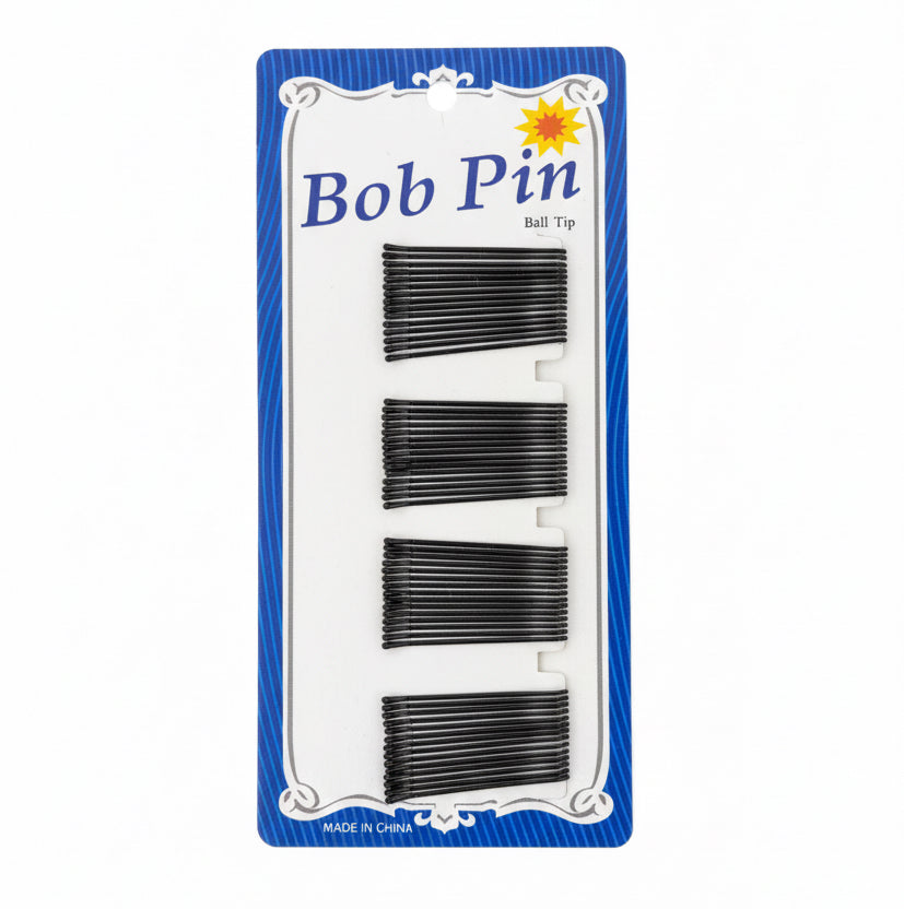 Pack of black hair pins with a blue and white label on a white background