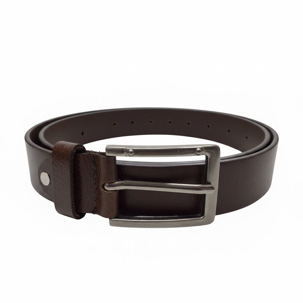 Brown leather belt with a silver buckle on a white background