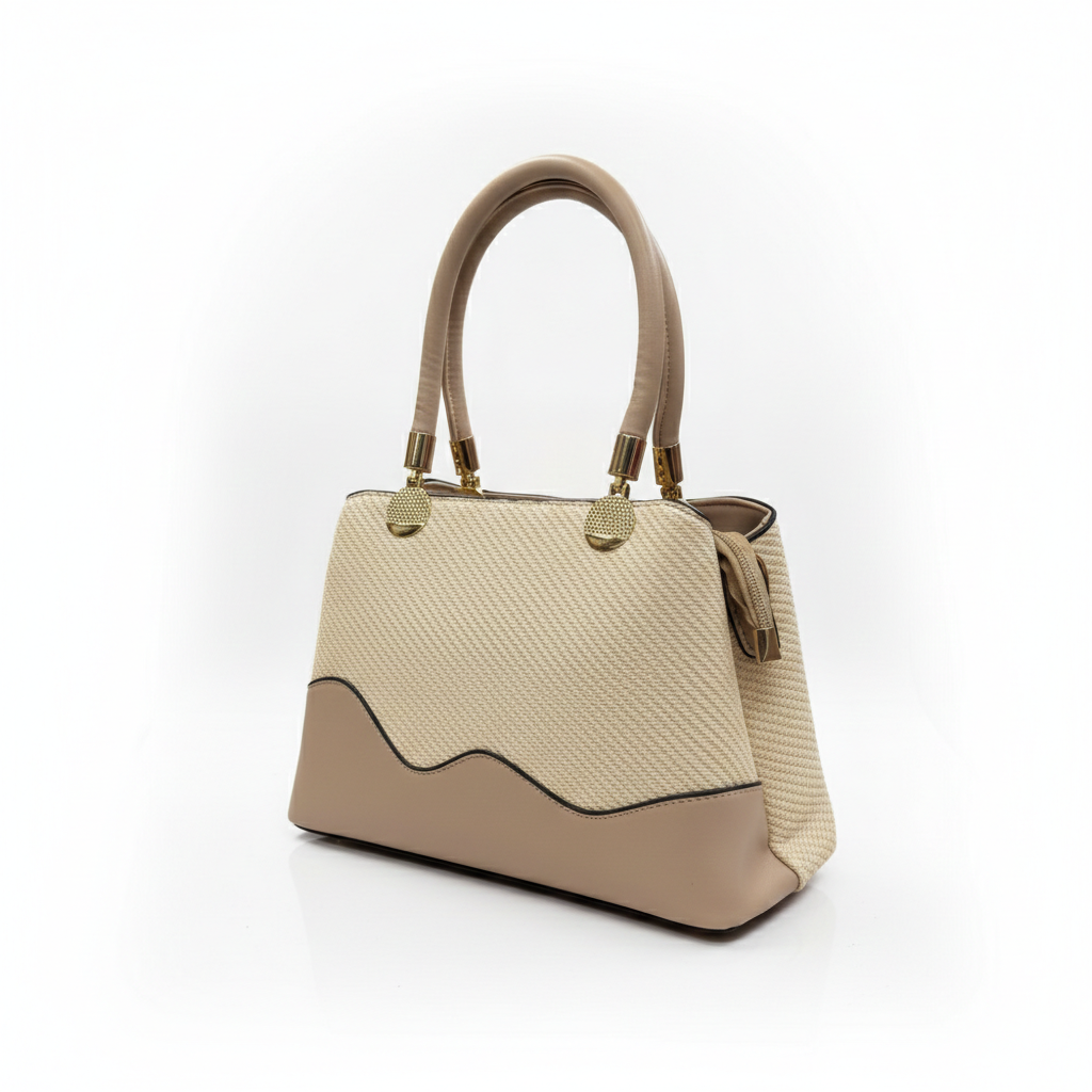 Beige handbag with textured design on a white background