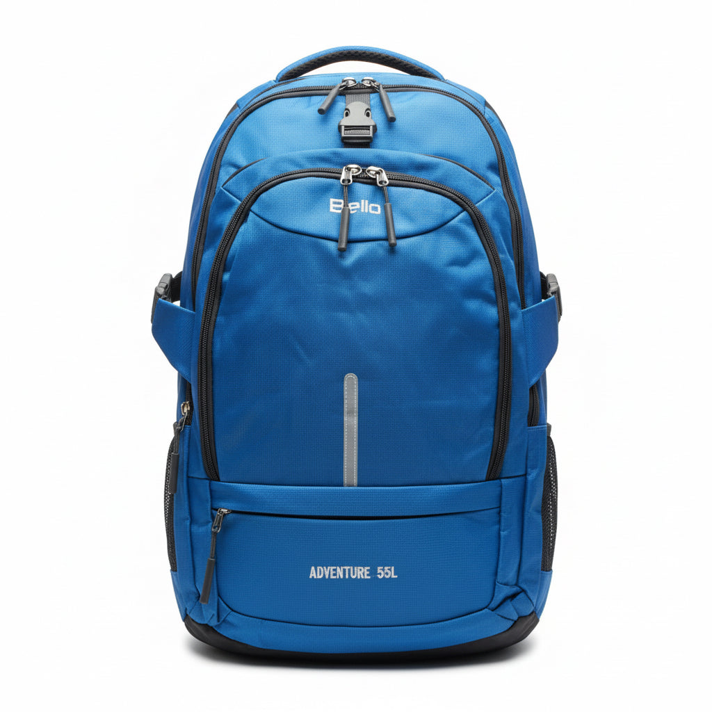 Blue backpack with black accents on a white background