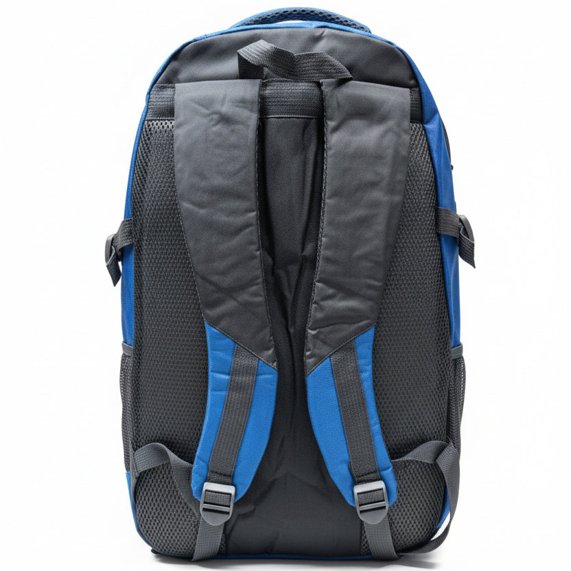 Backpack with blue and gray design on a white background