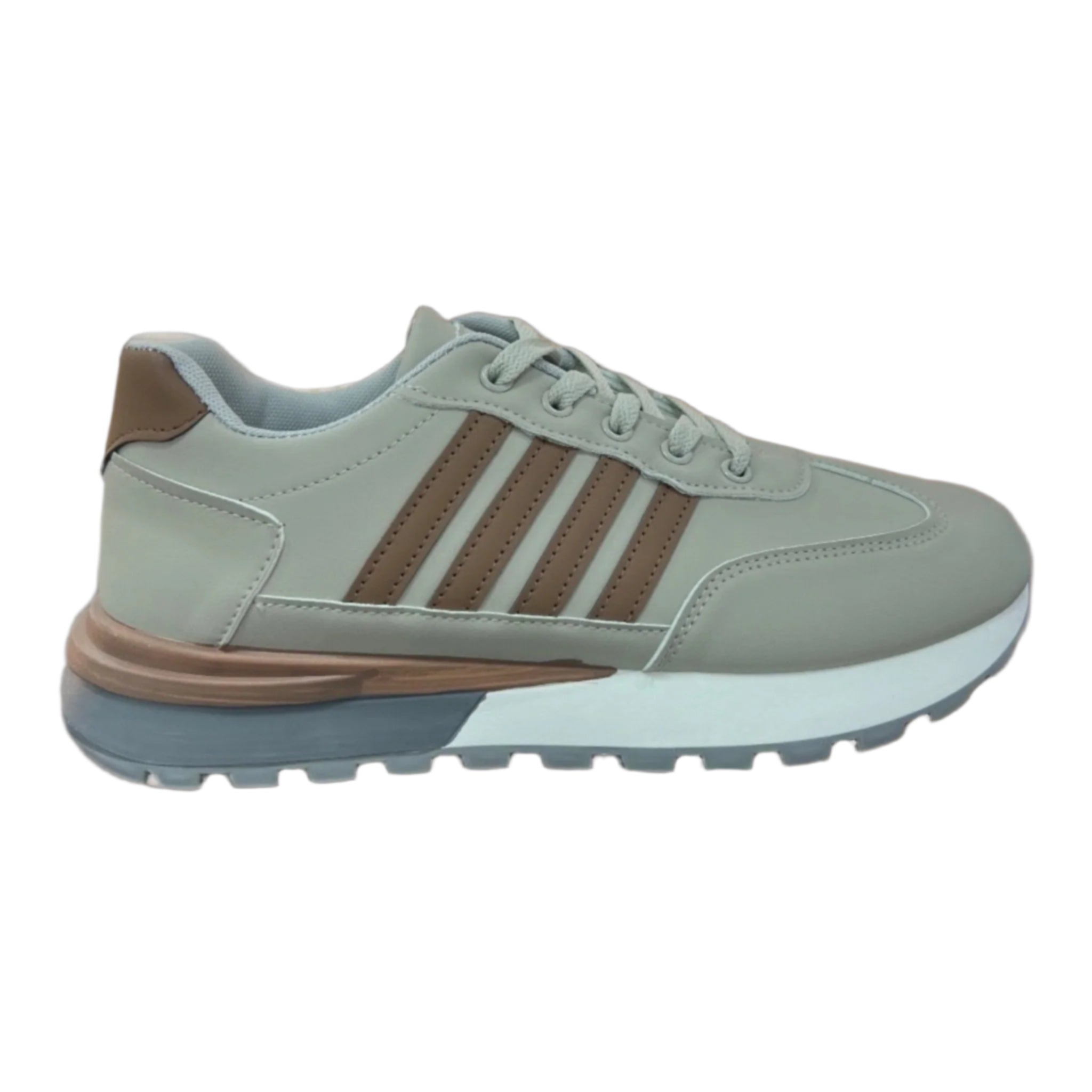 Light gray sneaker with brown accents on a white background