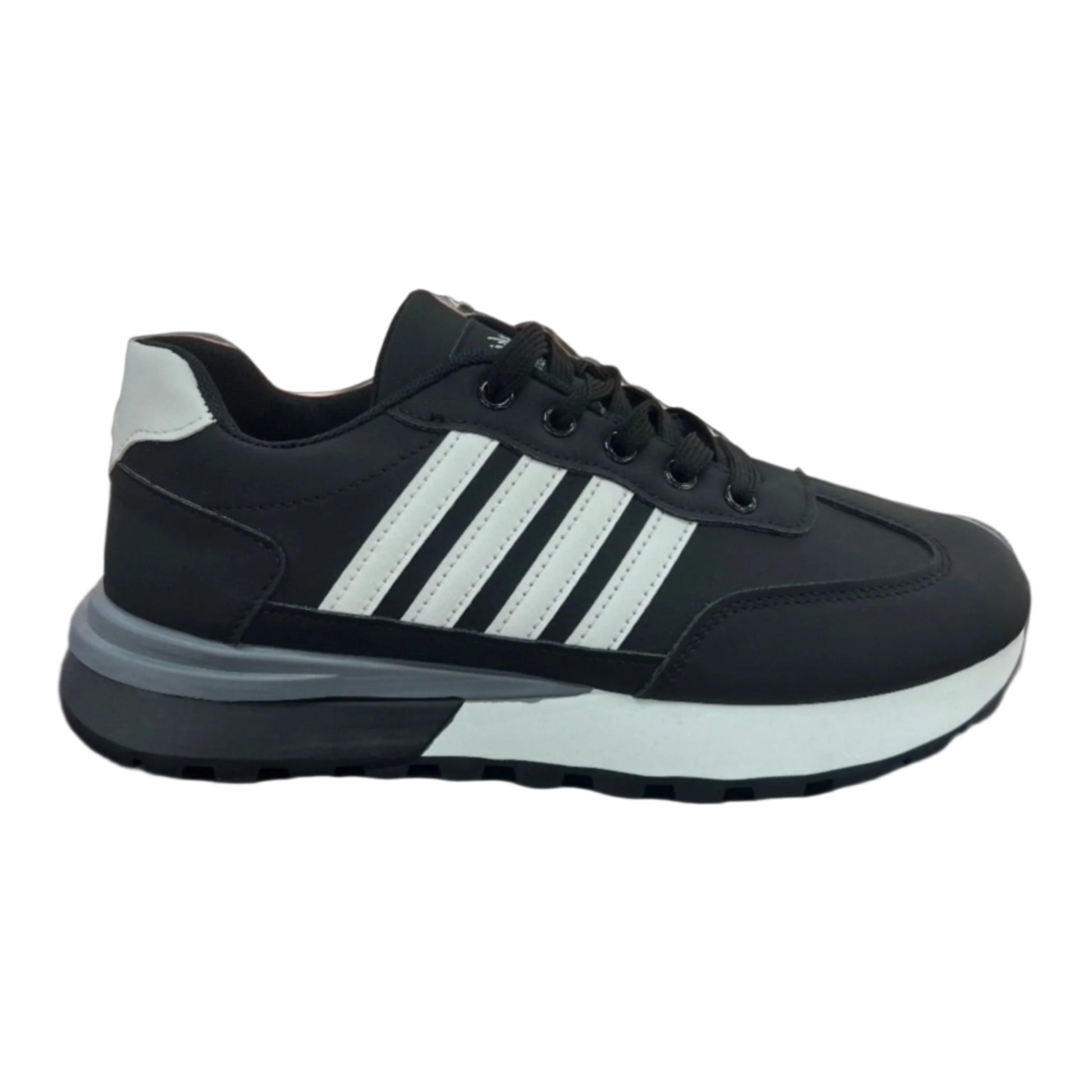 Black athletic shoe with white stripes on a white background