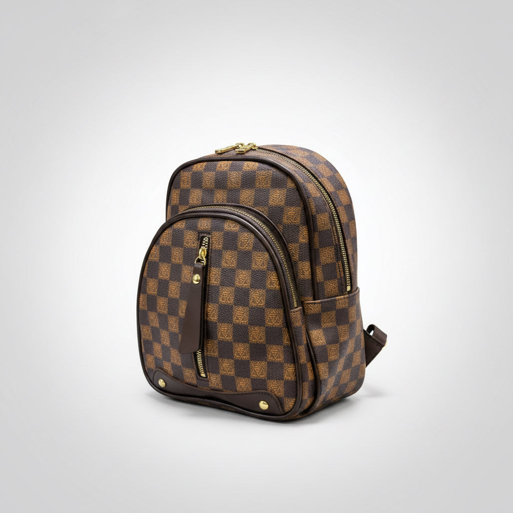 Checkered pattern backpack held by a person in a store setting with shoes and bags in the background.