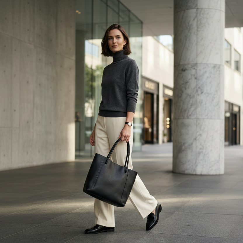 Premium Black Buffalo Leather Shopper Tote | Magnetic Closure Bag