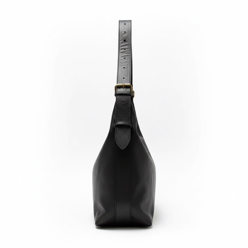 Black handbag on a wooden surface next to a laptop