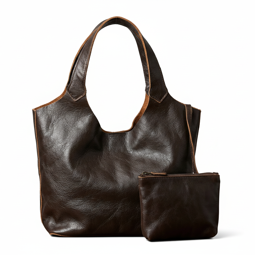 Brown leather handbag with matching pouch on a wooden surface