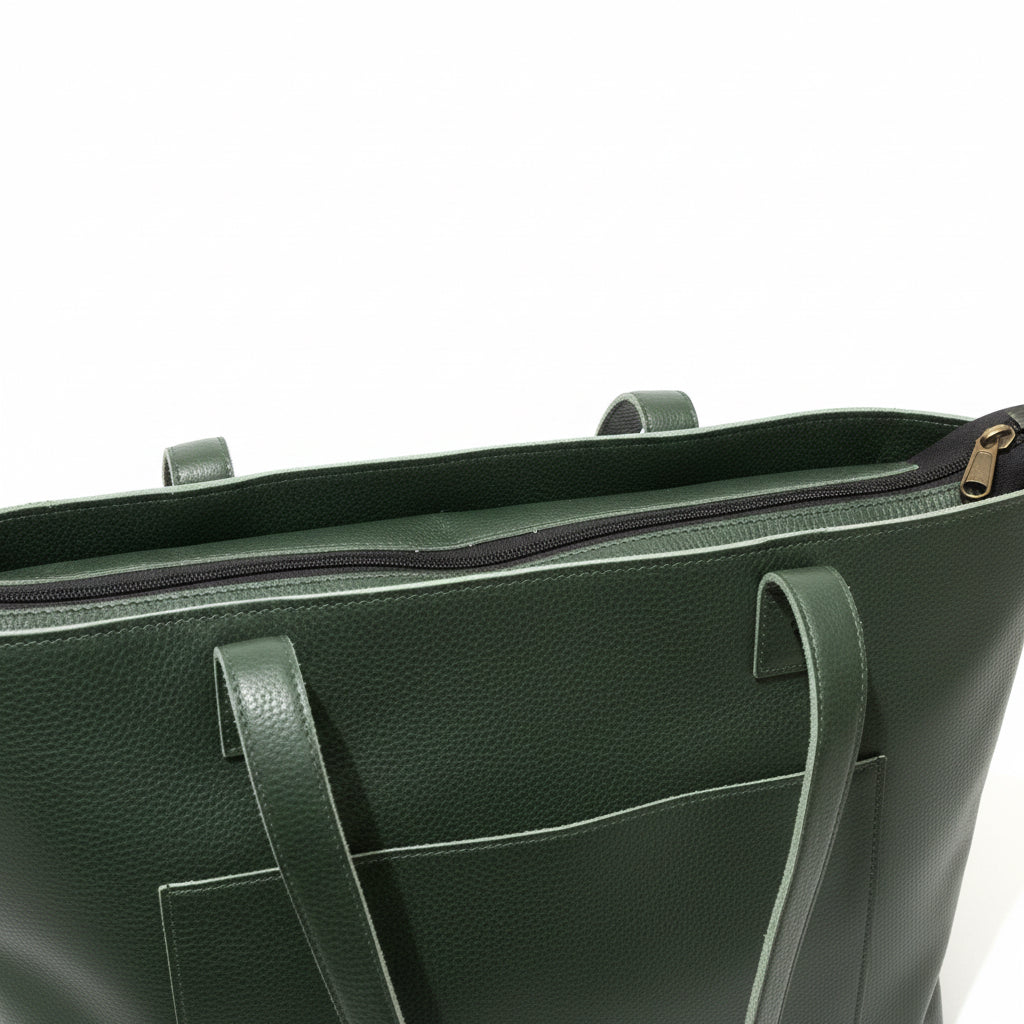Green bag on a wooden table with a laptop