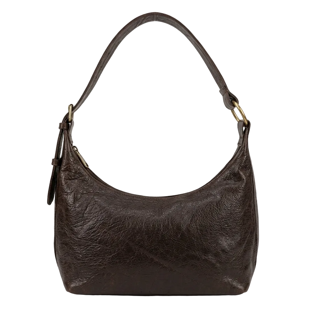 Brown leather handbag on a white background