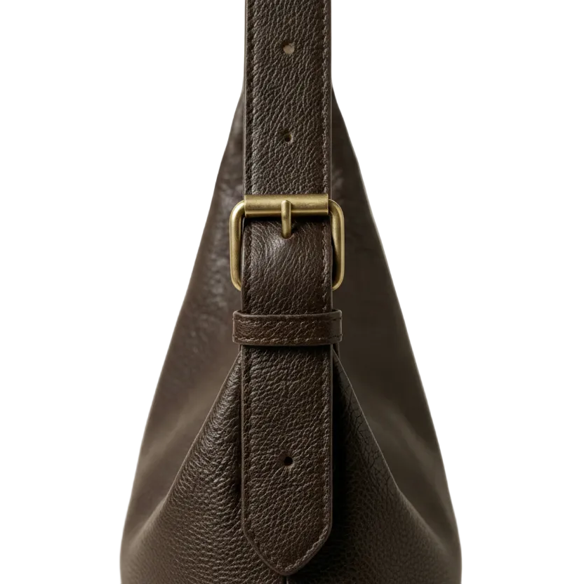 Brown leather strap with brass buckle on a beige background