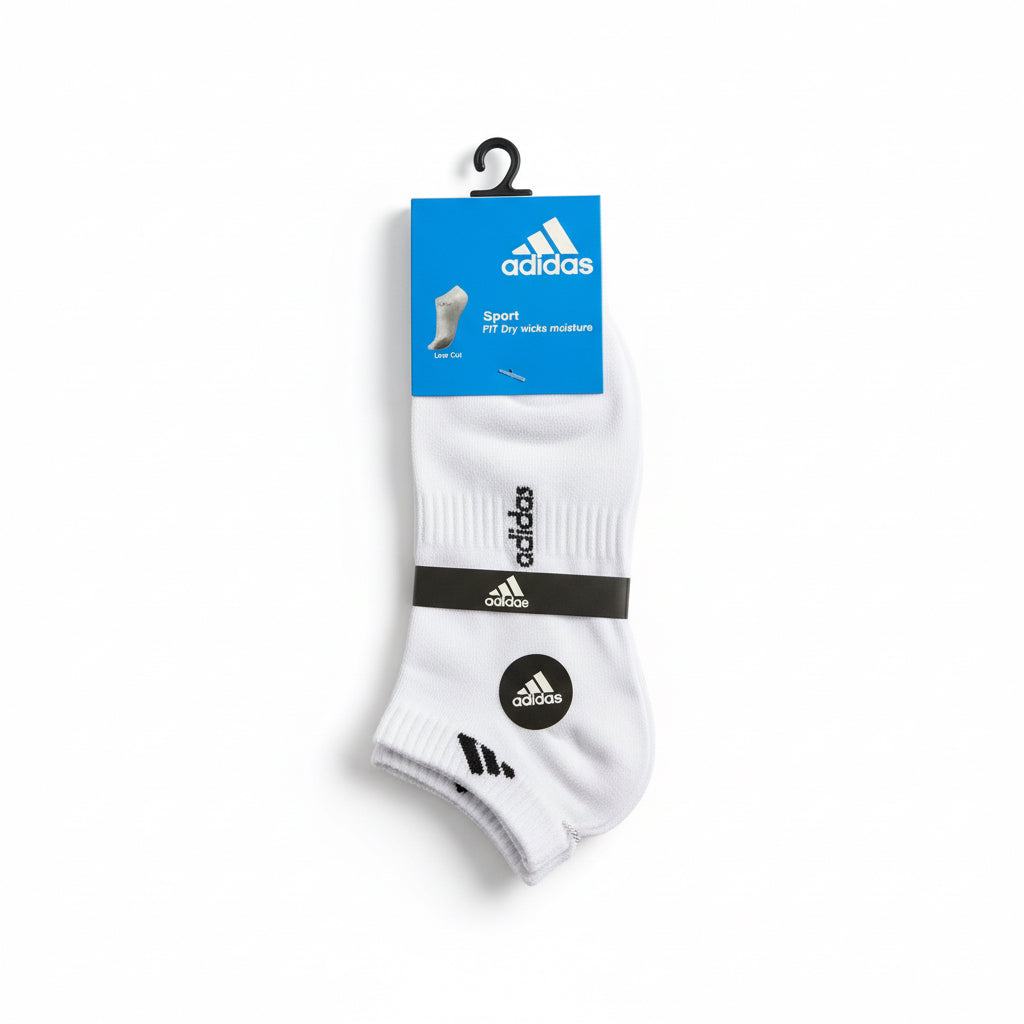 White socks with Adidas logo on a white background