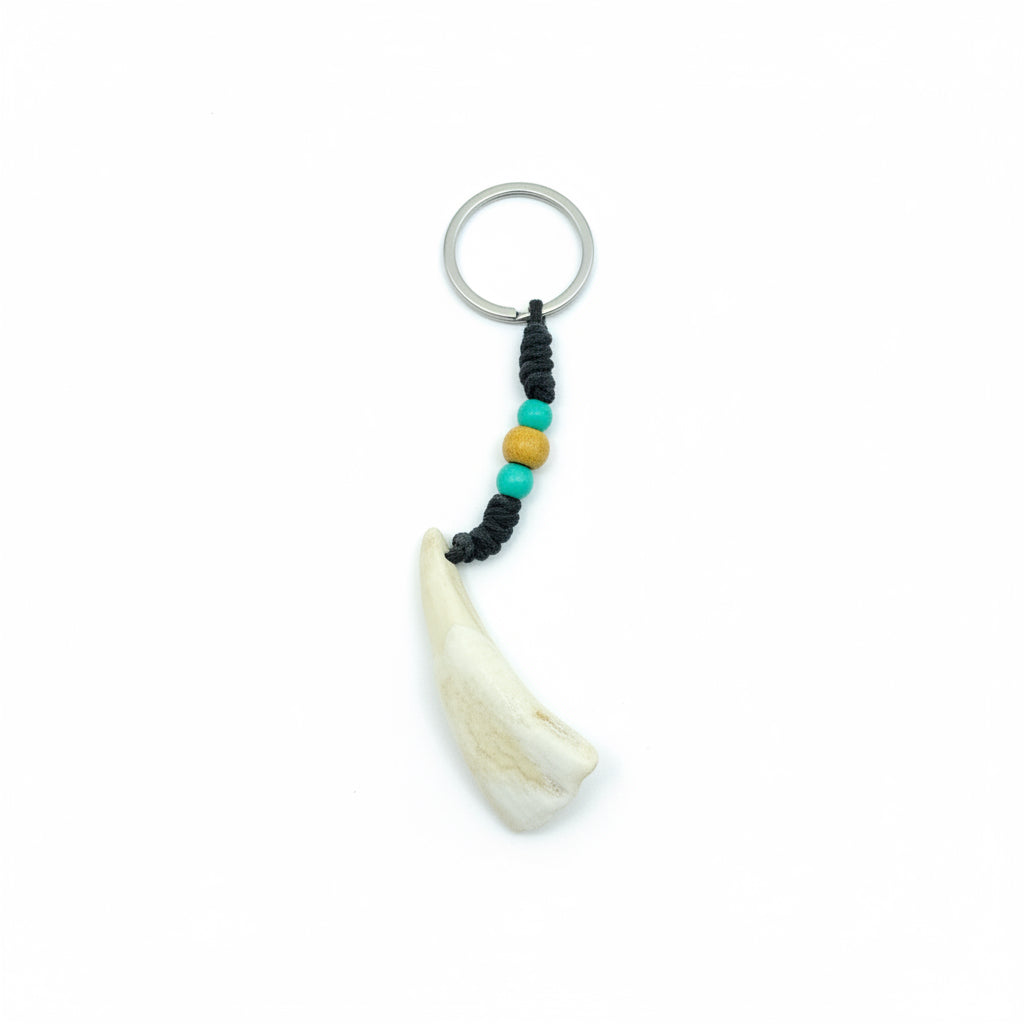 Polished white yak tooth keychain with turquoise and yellow beads on a black cord.