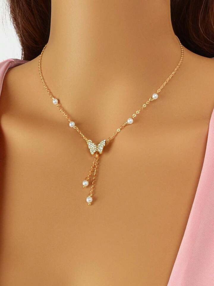 Women Butterfly Pendant Pearl Choker Necklace Gold Color Rhinestone Inlaid Link Chain Tassel Jewelry
