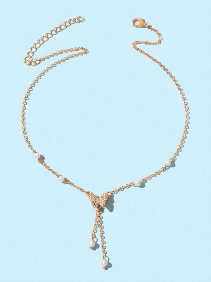 Women Butterfly Pendant Pearl Choker Necklace Gold Color Rhinestone Inlaid Link Chain Tassel Jewelry