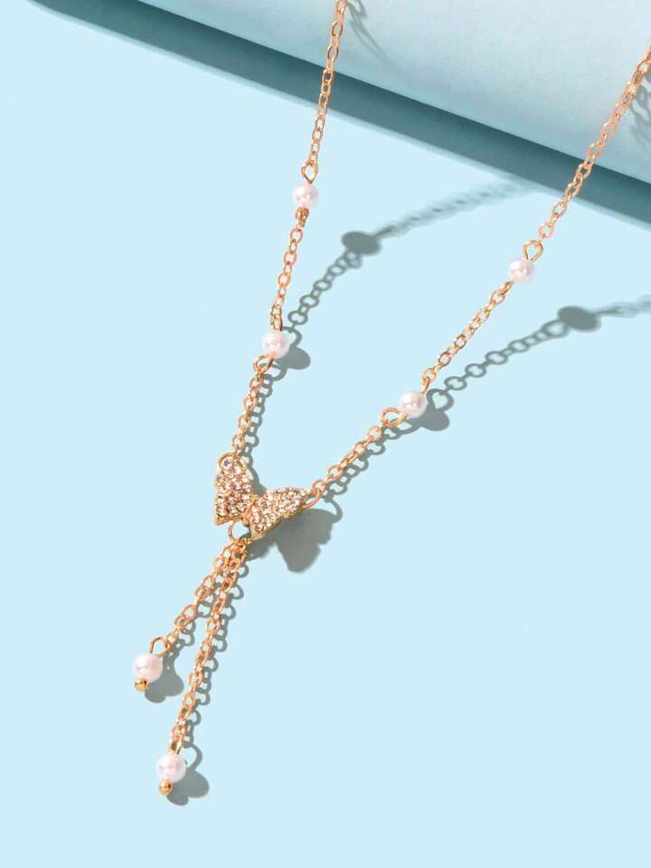 Women Butterfly Pendant Pearl Choker Necklace Gold Color Rhinestone Inlaid Link Chain Tassel Jewelry