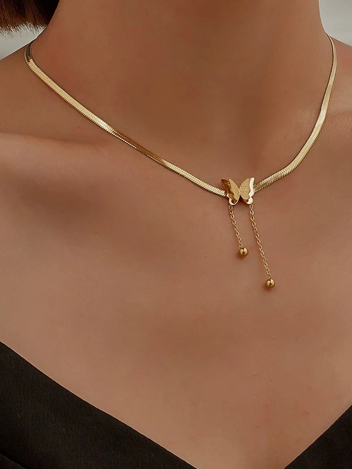 Women Butterfly Pendant Herringbone Chain Necklace Gold Color Flat Snake Chain With Tassel Beads Jewelry