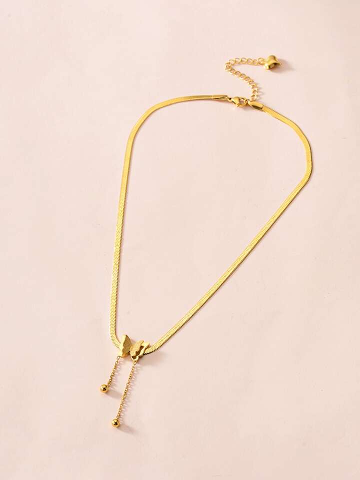 Women Butterfly Pendant Herringbone Chain Necklace Gold Color Flat Snake Chain With Tassel Beads Jewelry