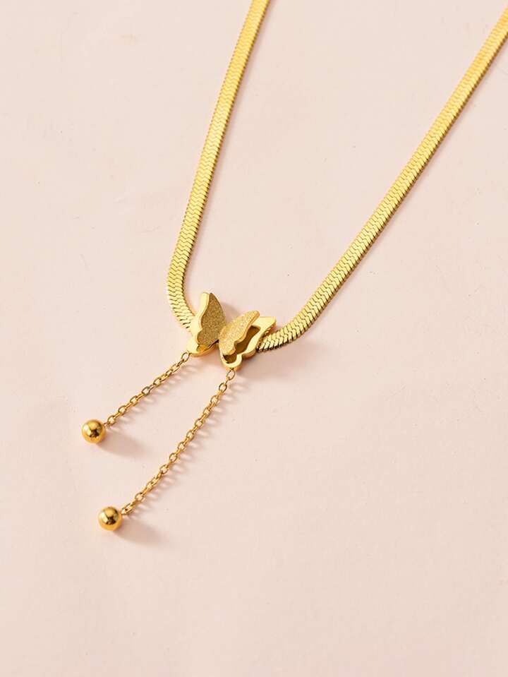 Women Butterfly Pendant Herringbone Chain Necklace Gold Color Flat Snake Chain With Tassel Beads Jewelry