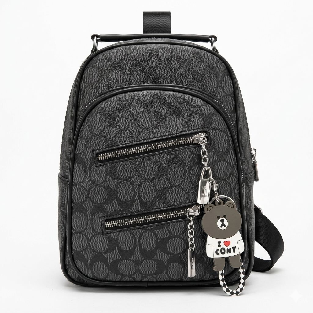 Women Fashion Monogram Backpack Black Luxury Mini Shoulder Bag With Bear Charm