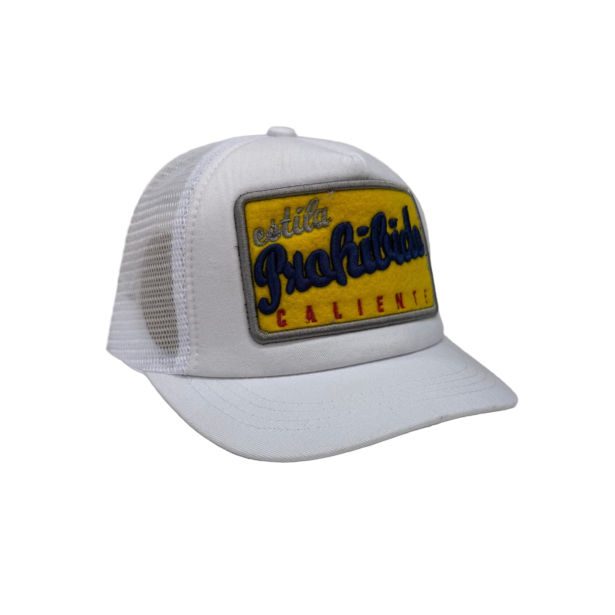 White trucker cap with a yellow and black patch on a white background
