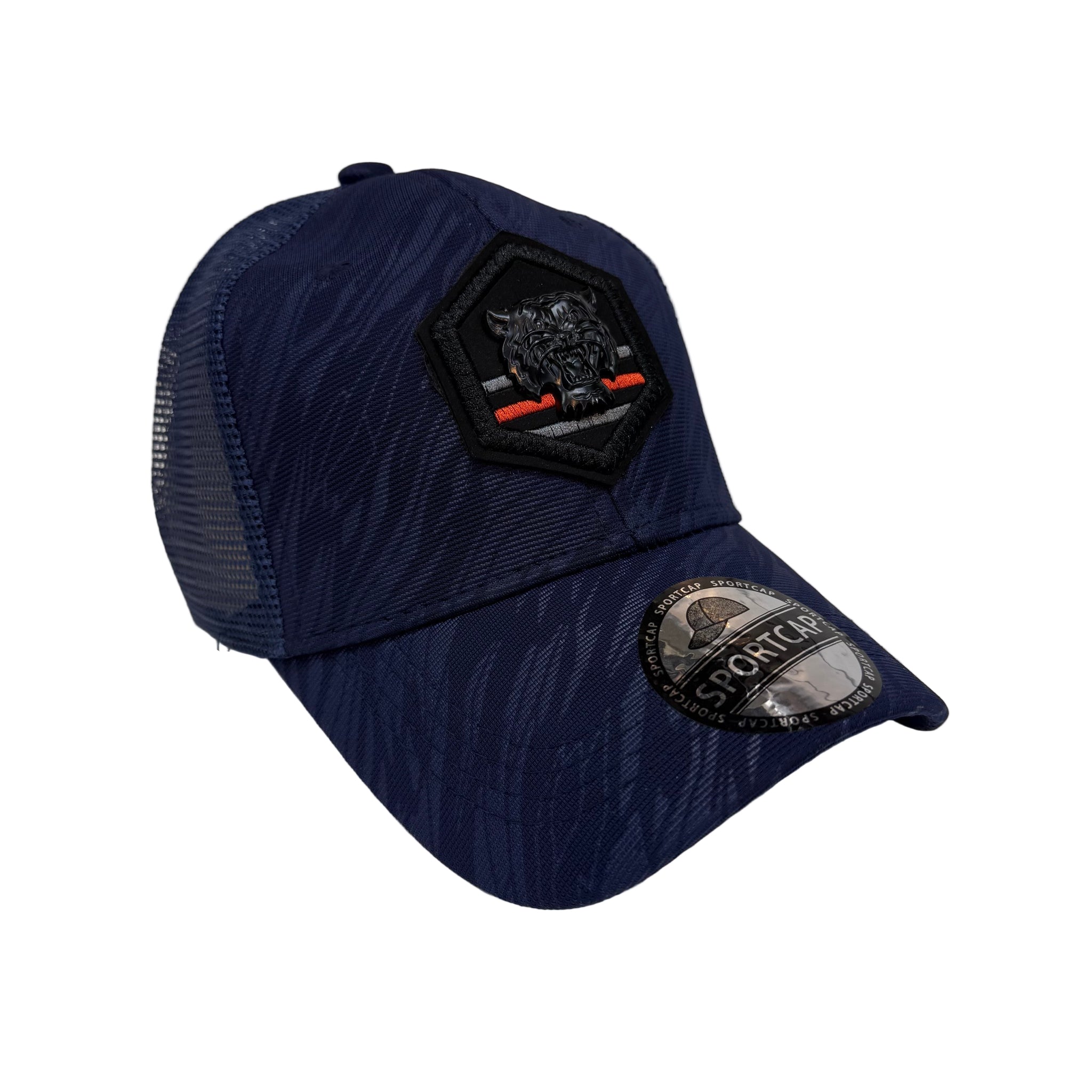Navy blue cap with a patch on a white surface