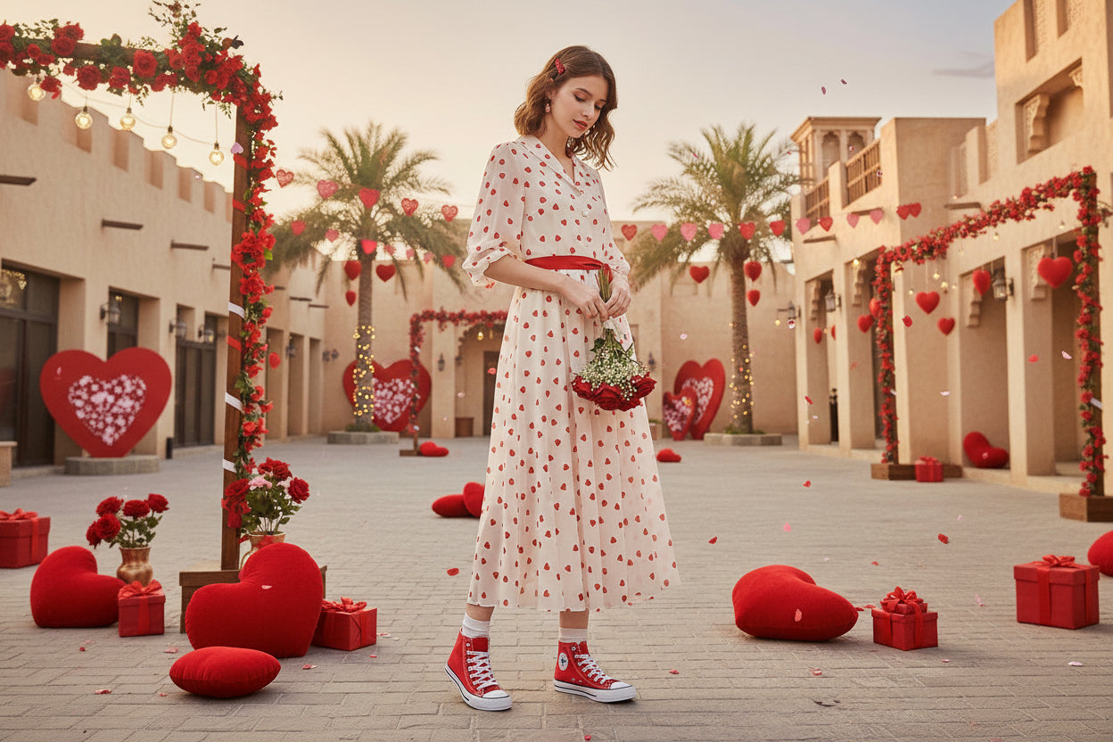 Woman in a polka dot dress and red sneakers standing in a decorated outdoor area with heart shapes and palm trees.