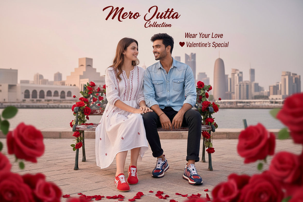 Couple sitting on a bench with roses and a cityscape in the background, promoting 'Mero Jutta Collection' for Valentine's Day.