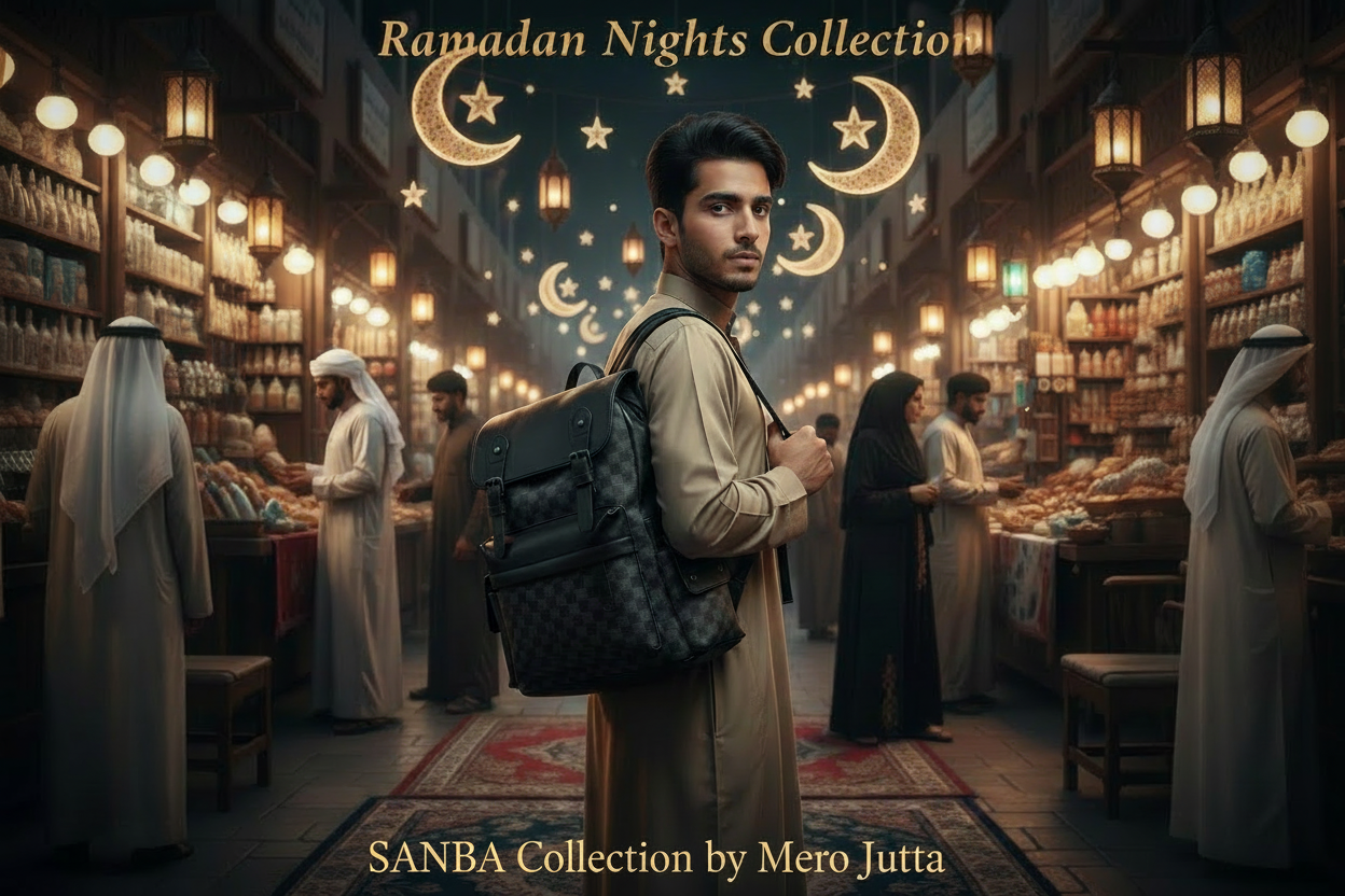 Man with a backpack in a Ramadan-themed market scene with decorative elements.