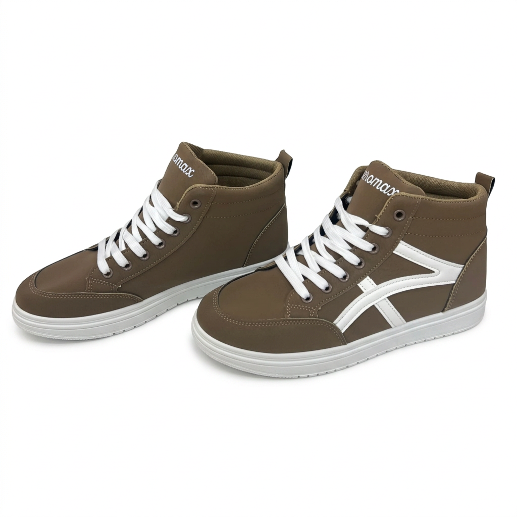Men's khaki high-top sneakers with white side detailing, white laces and sporty casual design