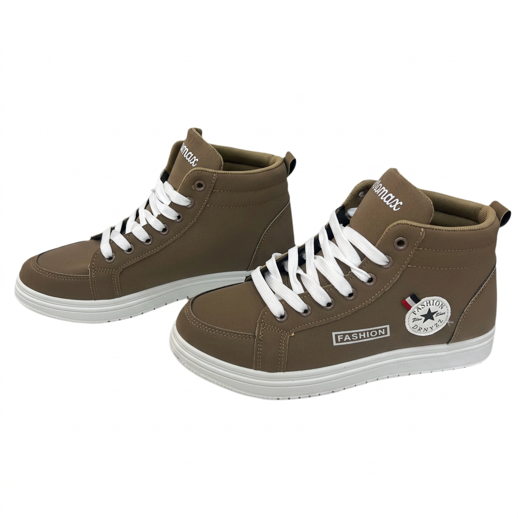 Men's khaki high-top lace-up sneakers with circular star badge and contrasting white sole