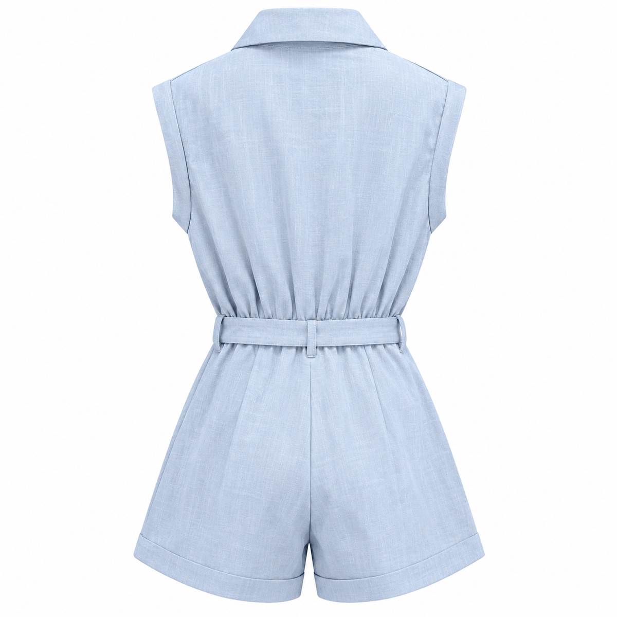Back view of women's light blue sleeveless playsuit with gathered waistband and matching fabric tie belt
