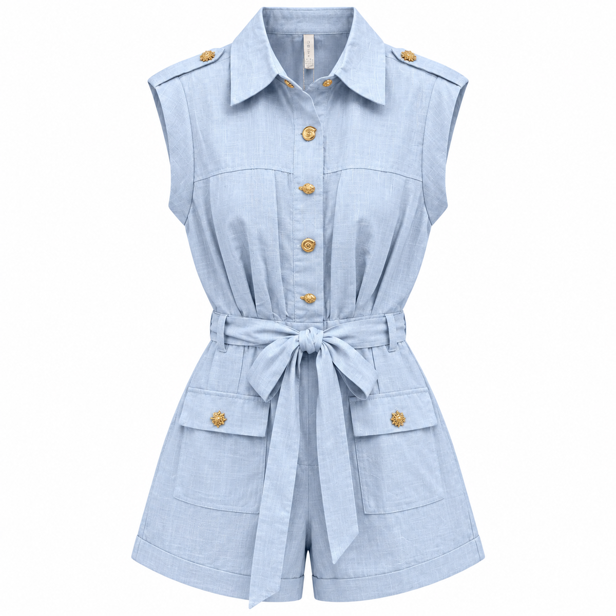 Women's light blue cotton playsuit with pointed collar, gold-tone buttons, shoulder epaulettes and matching tie belt