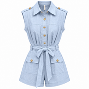 Women's light blue cotton playsuit with pointed collar, gold-tone buttons, shoulder epaulettes and matching tie belt