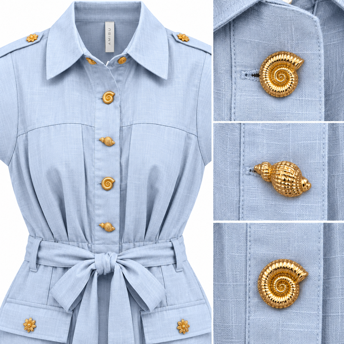 Close-up of pointed collar, textured cotton fabric and decorative gold-tone buttons on light blue playsuit