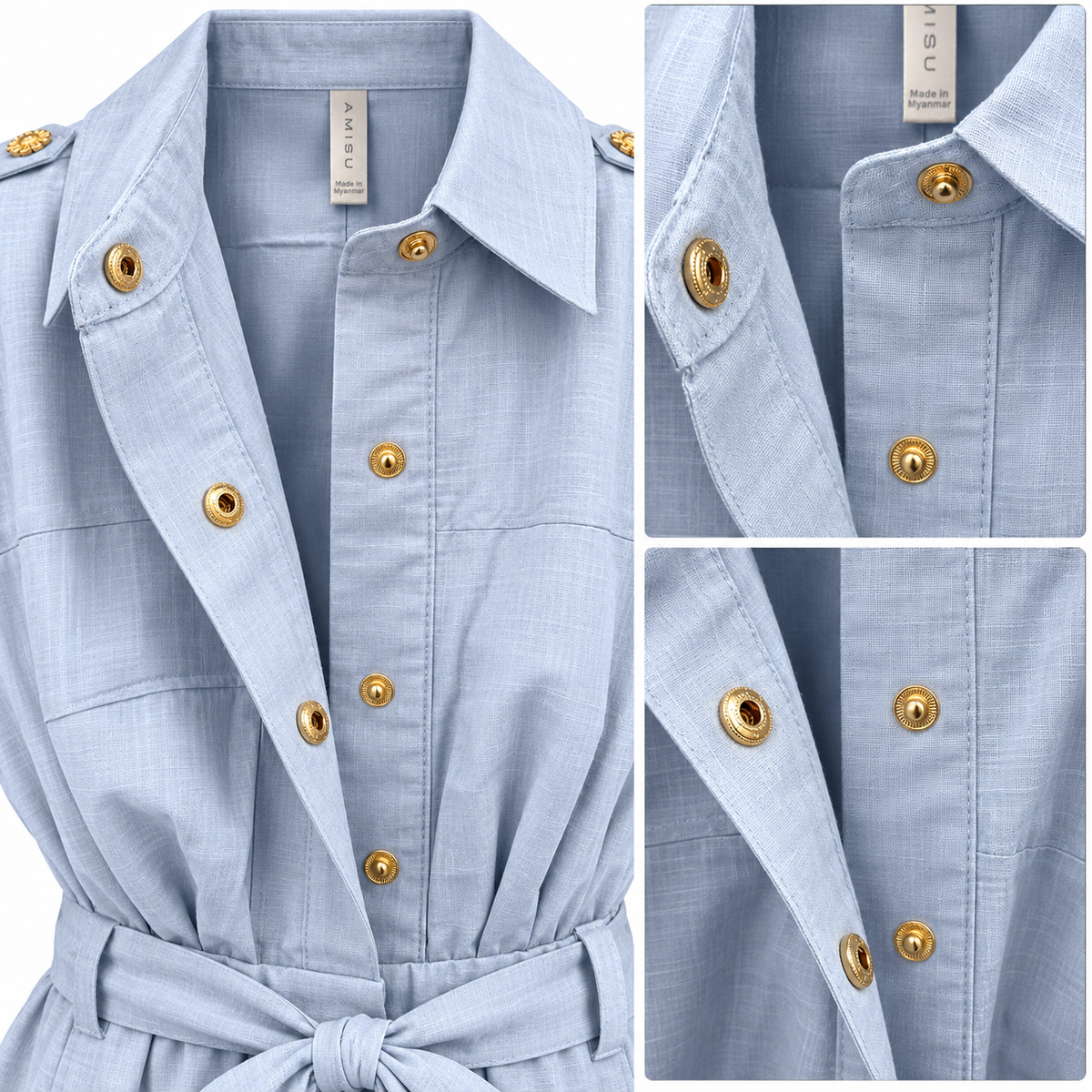 Close-up of gold-tone snap fasteners on the front of women's light blue cotton playsuit