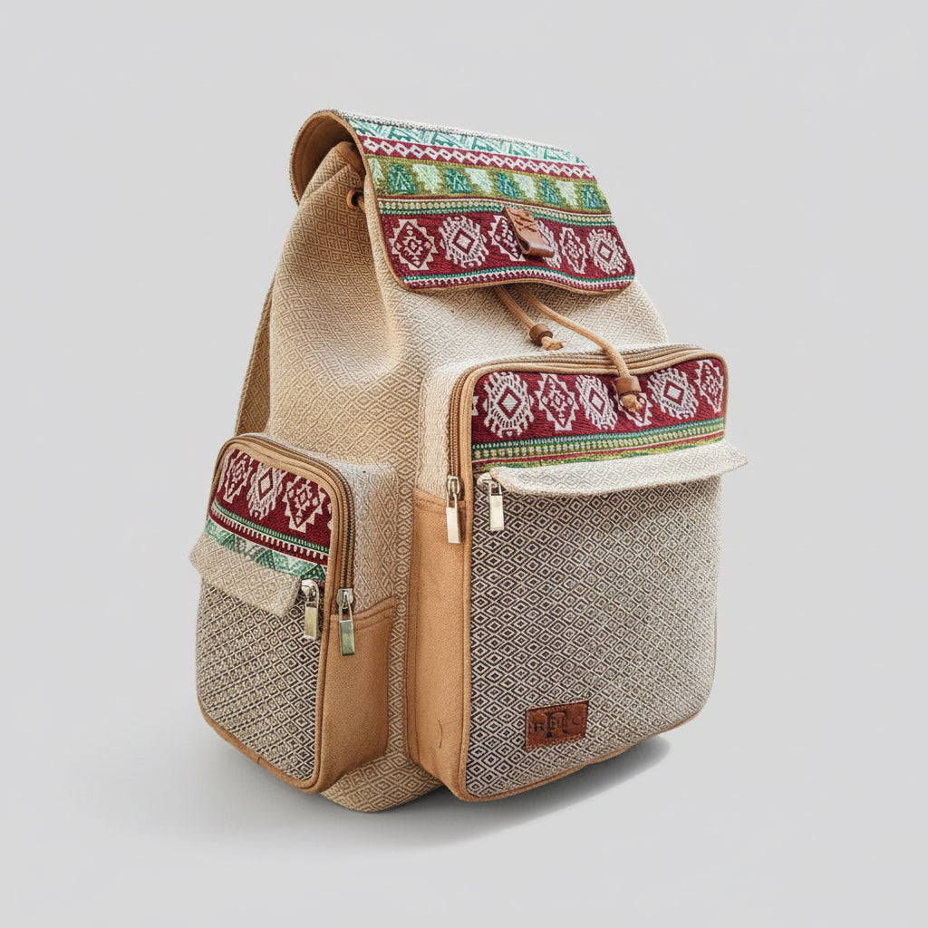 ROLO tribal pattern laptop backpack featuring a rich red, teal, and cream geometric design, tan leather trim, side pockets, and a sturdy build displayed on a light gray background.