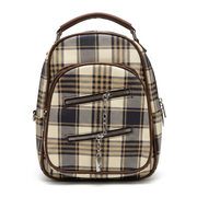 Front view of a premium SANBA COLLECTION mini backpack featuring a classic cream, brown, and black plaid pattern, a structured top handle, and distinct diagonal front zipper pockets detailed with a silver chain and padlock accent.