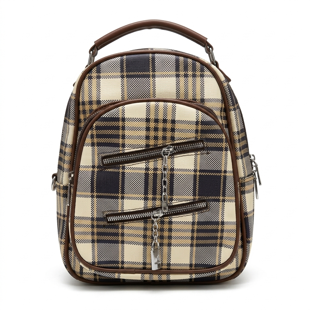 Front view of a premium SANBA COLLECTION mini backpack featuring a classic cream, brown, and black plaid pattern, a structured top handle, and distinct diagonal front zipper pockets detailed with a silver chain and padlock accent.