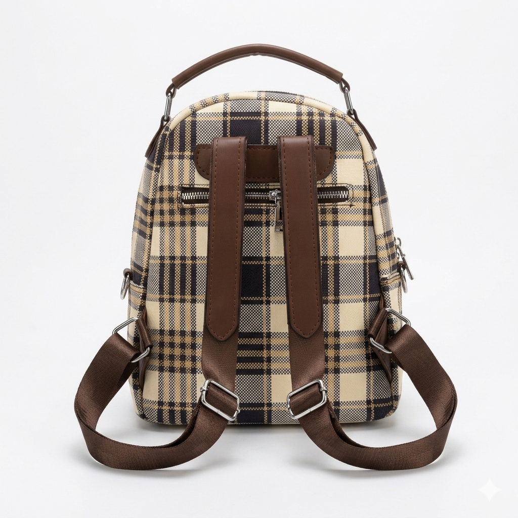 Back view of the SANBA COLLECTION plaid mini backpack, showcasing the adjustable brown woven shoulder straps, durable faux leather trim, and a secure zippered back pocket against a clean white background.